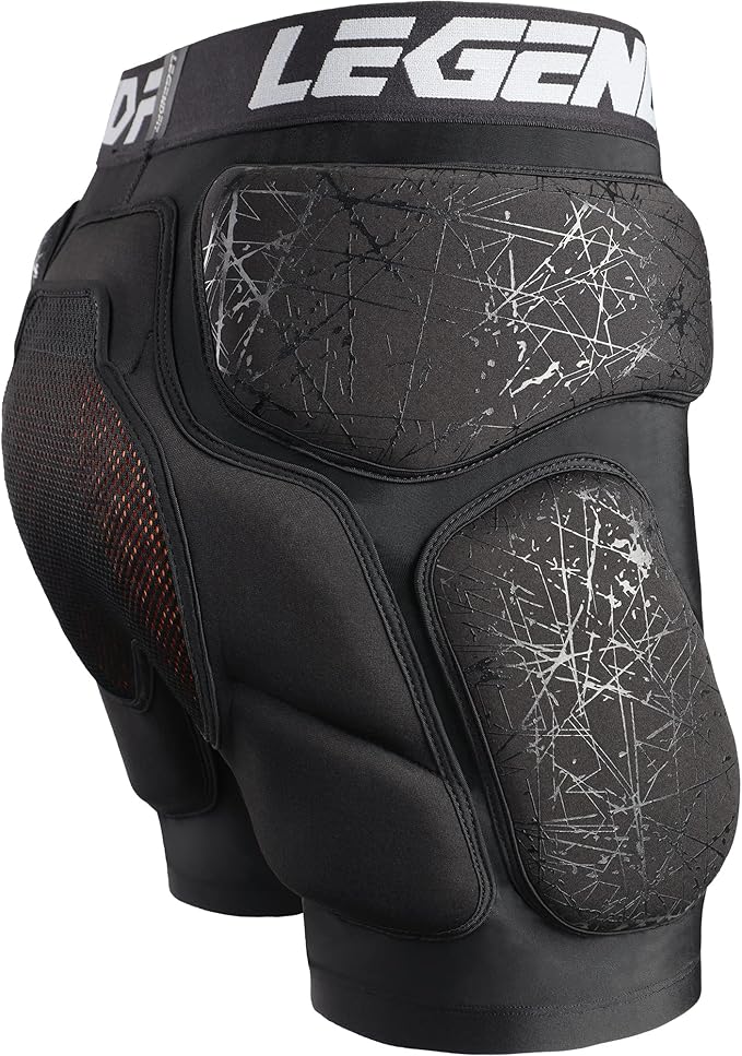 Angled rear view of Legendfit protective padded shorts showing hip pads and tailbone/butt impact pad.