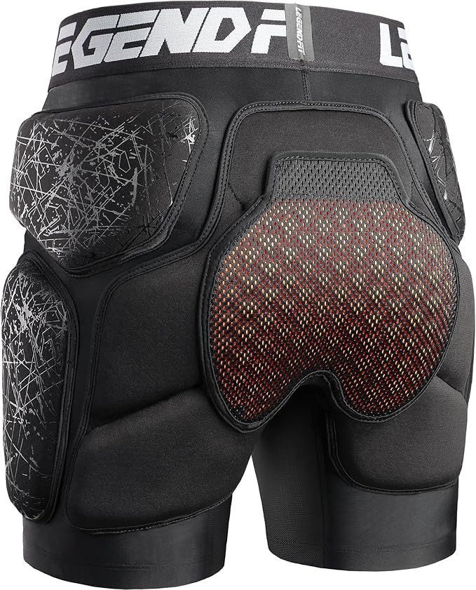 Rear view of Legendfit protective padded shorts with hip pads and tailbone/butt padding for snowboarding.